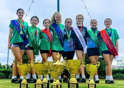A group of Irish dancers and their trophies